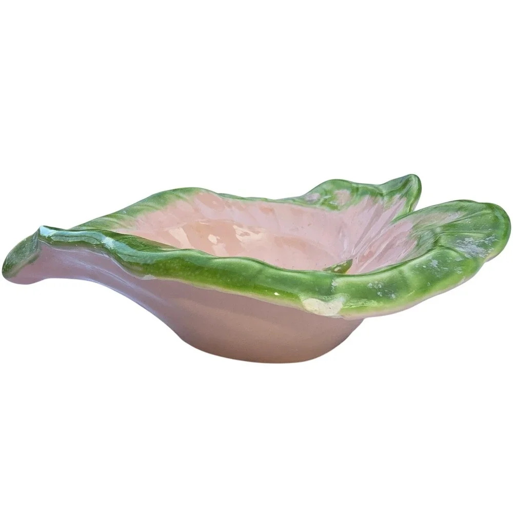 Vintage Anthurium Leaf Ceramic‎ Trinket Dish Pink Green Tropical Botanical Bowl